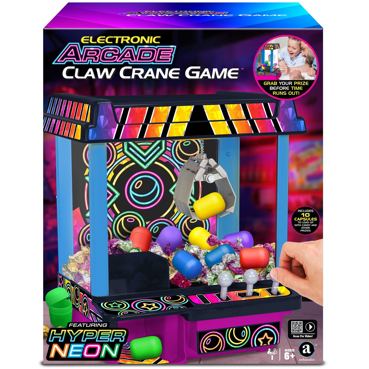 Ambassador Games: Electronic Arcade Claw Crane Game - Hyper Neon Black Series, Plastic Eggs To Fill With Prizes, Carnival-Style Music, Kids Ages 6+
